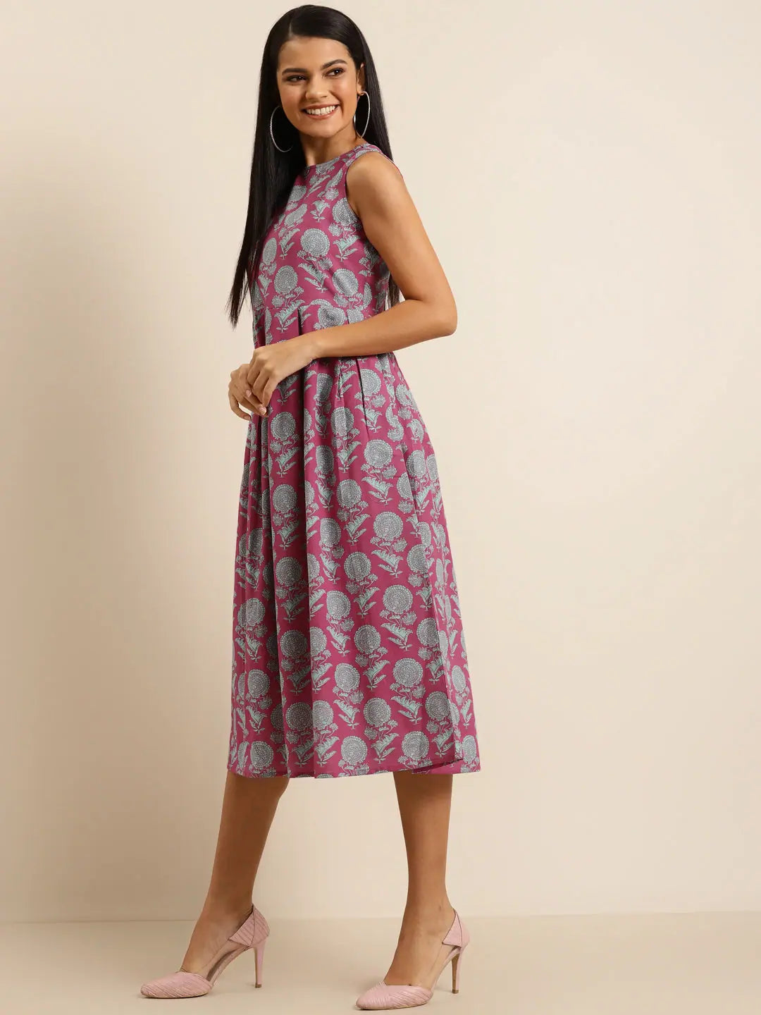 Pink Floral Midi Dress | Indian Cotton Dresses Online