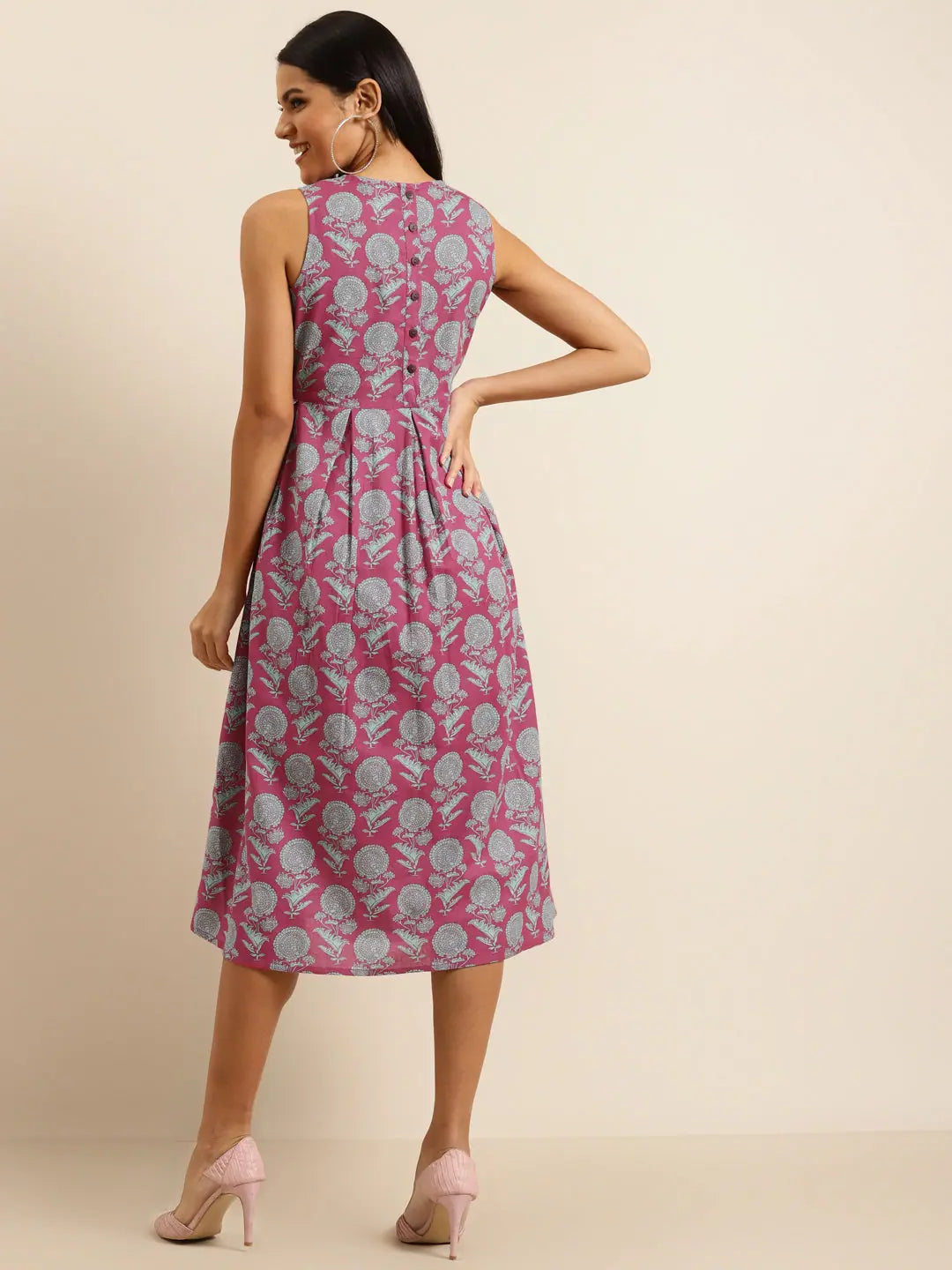 Pink Floral Midi Dress | Indian Cotton Dresses Online
