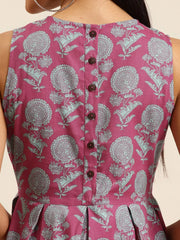 Pink Floral Sleeveless Box Pleat Midi Dress