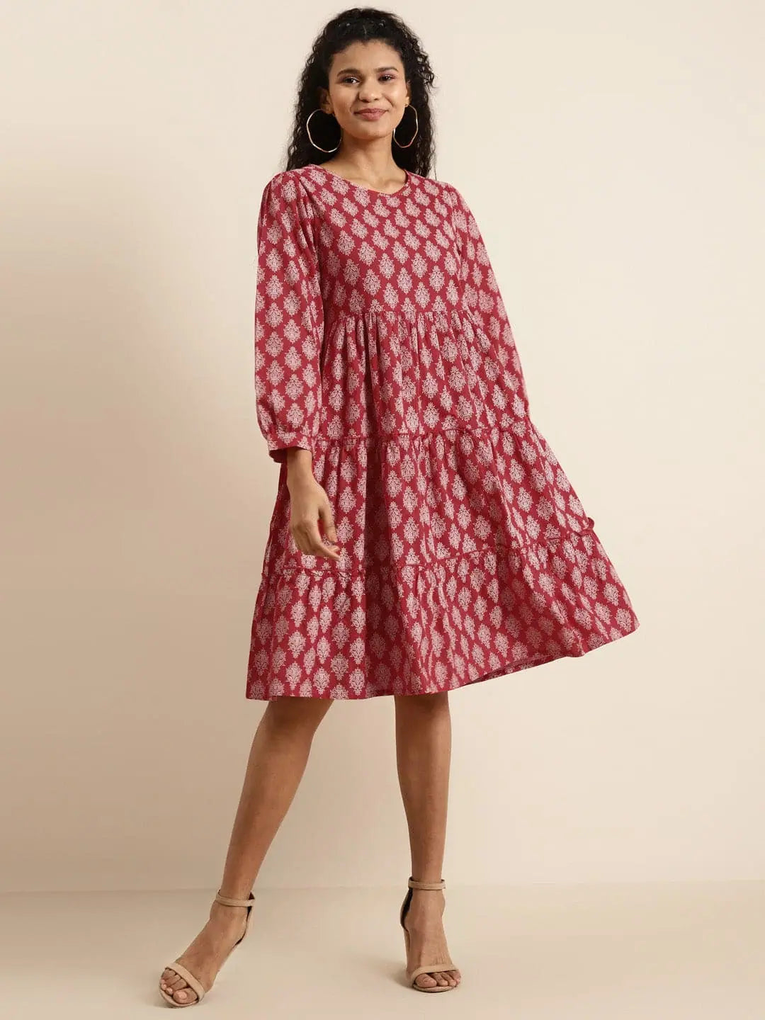 Red Floral Tiered Dress | Online Indian Cotton Dresses Shop