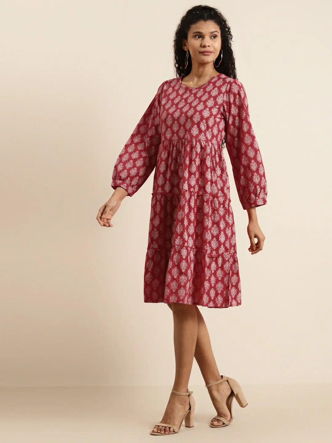 Red Floral Tiered Dress | Online Indian Cotton Dresses Shop