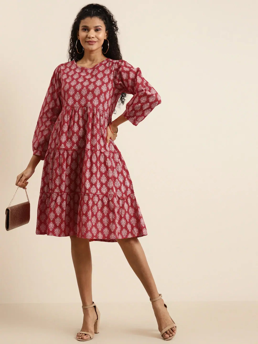 Red Floral Tiered Dress | Online Indian Cotton Dresses Shop