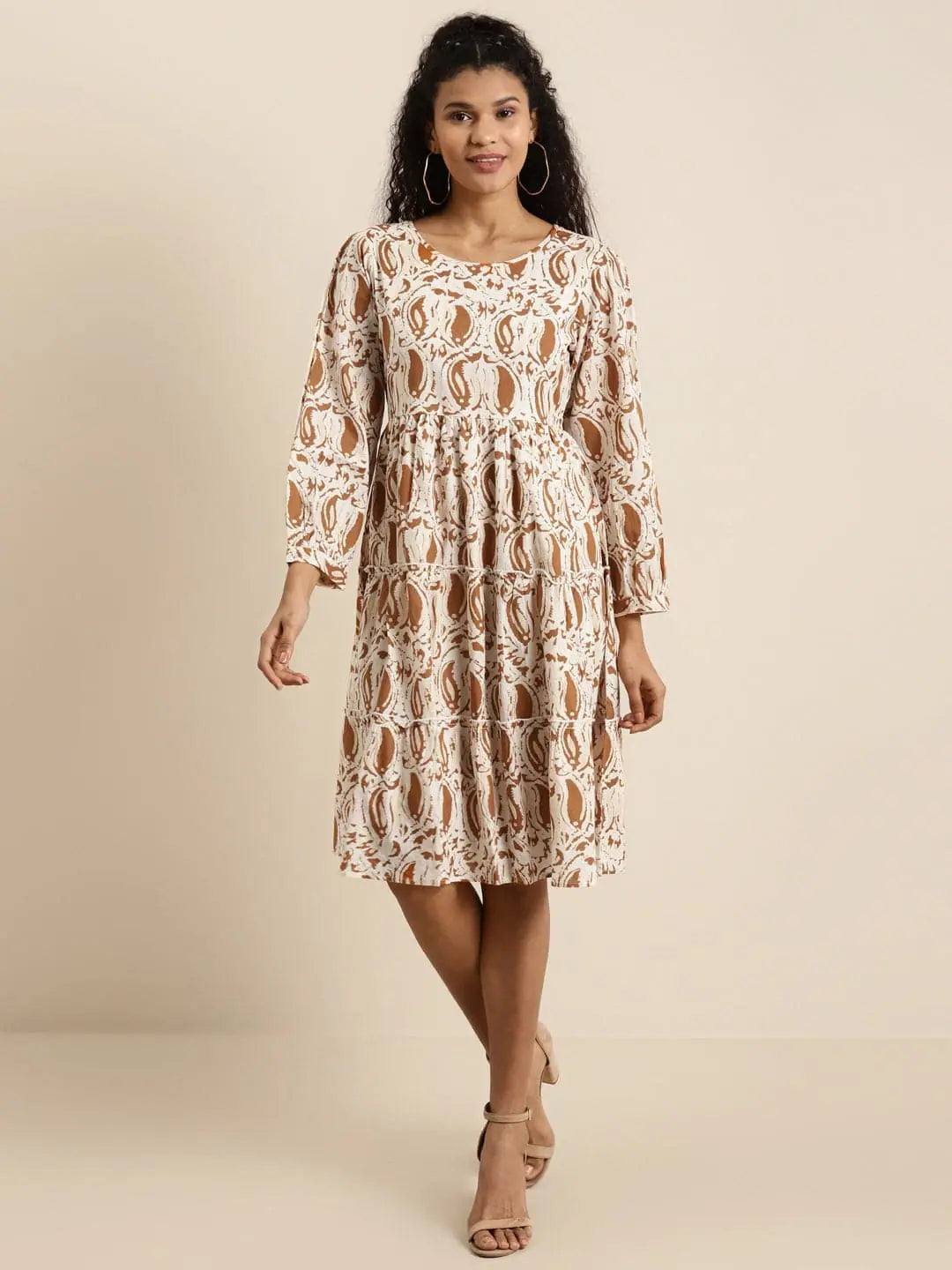 Brown Paisley Cotton Tiered Dress | Indian Dresses Online