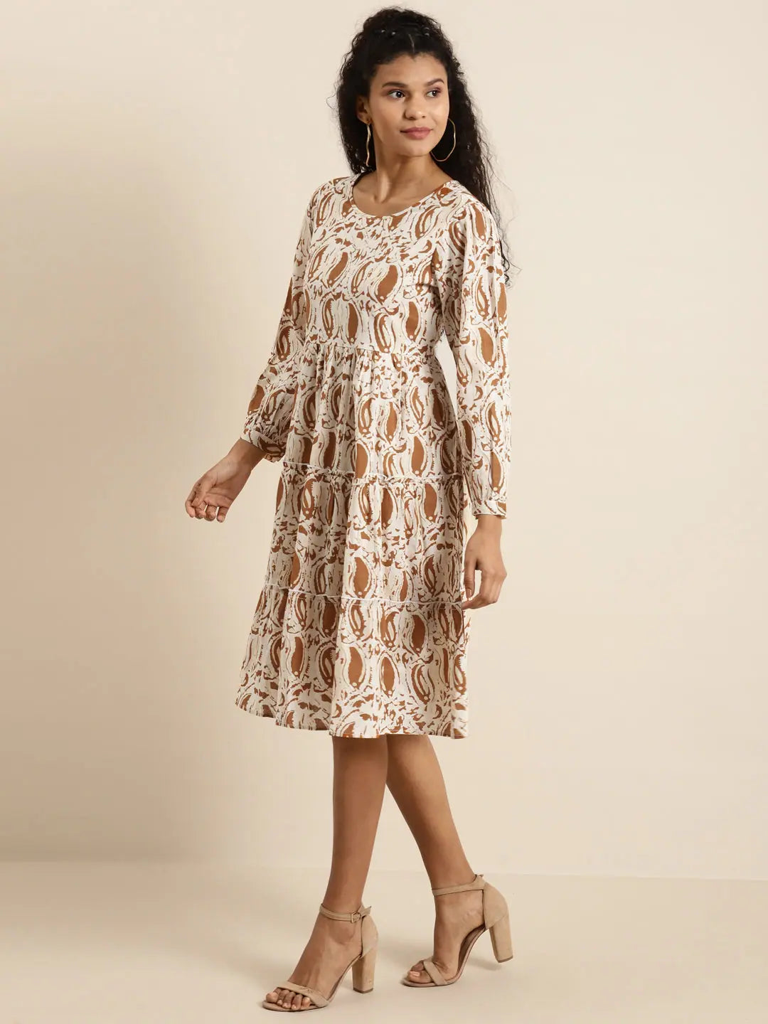 Brown Paisley Cotton Tiered Dress | Indian Dresses Online