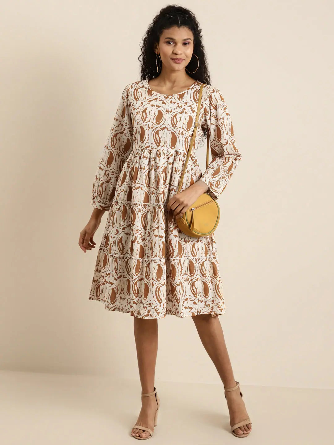 Brown Paisley Cotton Tiered Dress | Indian Dresses Online