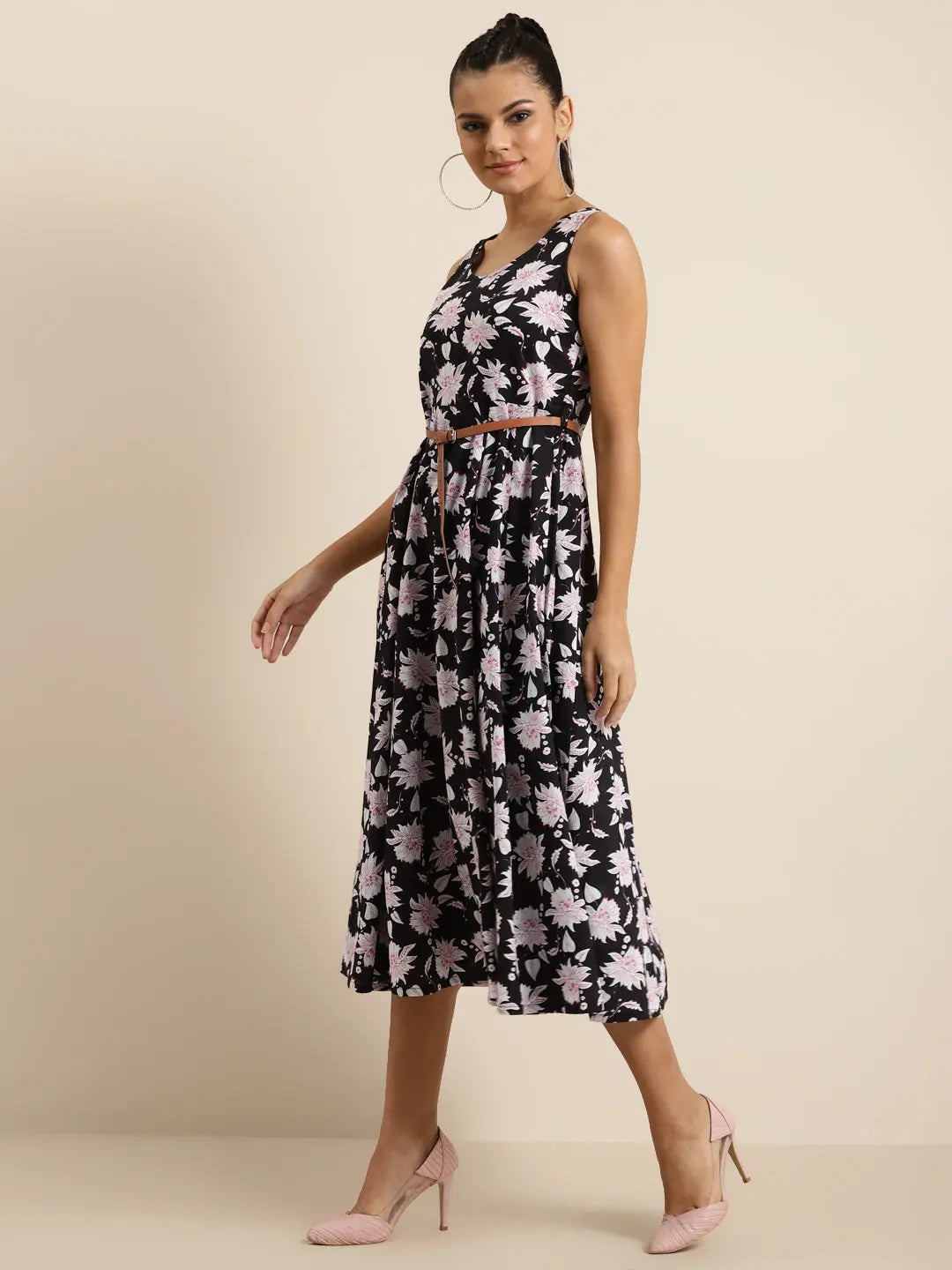 Black Floral Anarkali Dress - Sleeveless Cotton Anarkali Kurti