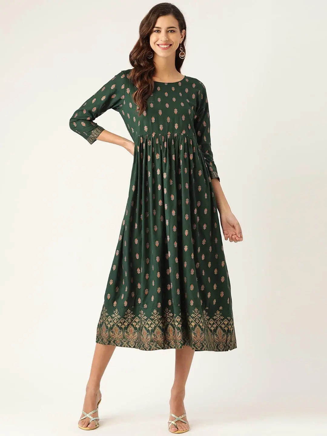 Emerald Floral Print Gathered Dress | Indian Cotton Dresses
