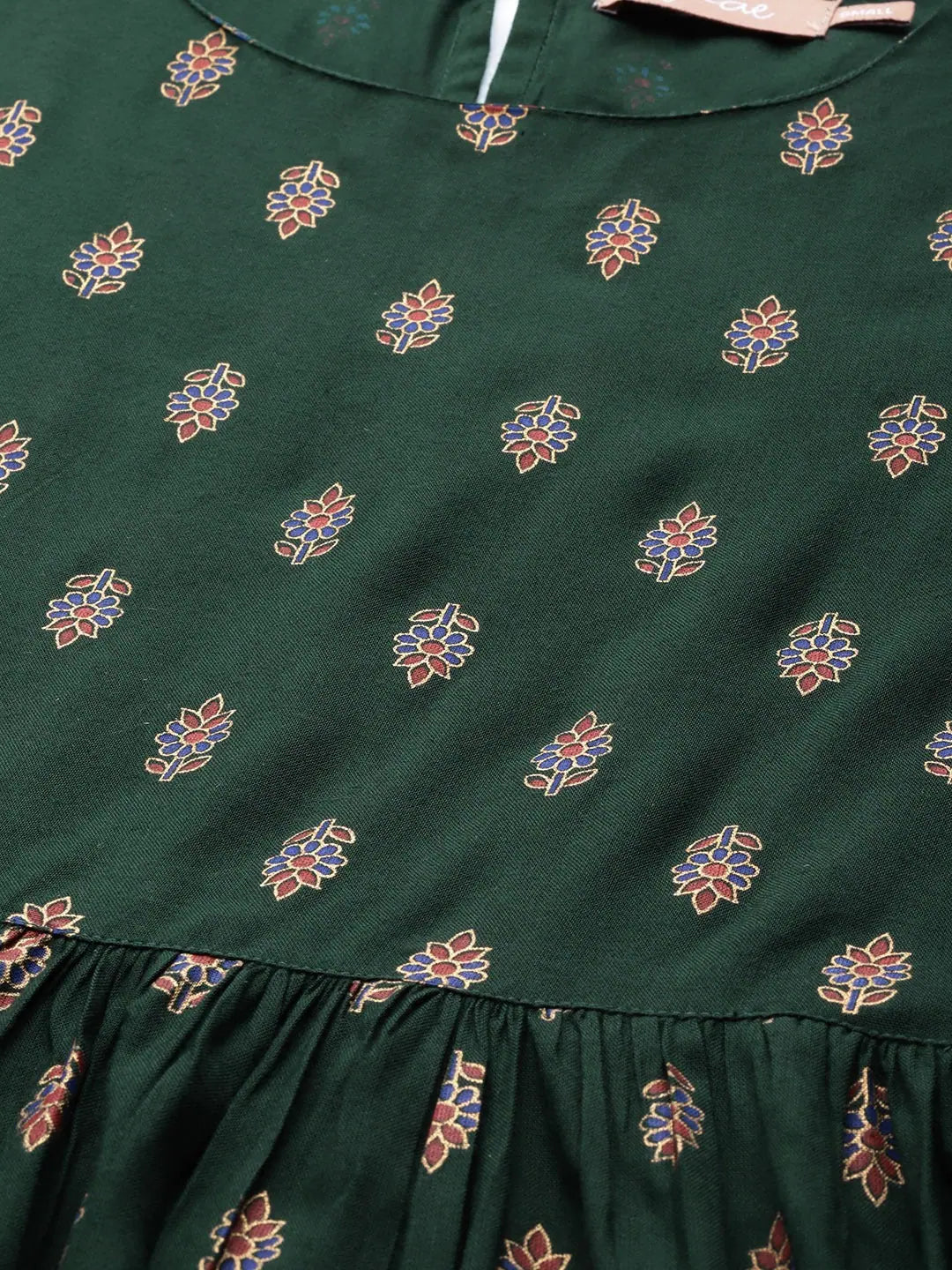 Emerald Floral Print Gathered Dress | Indian Cotton Dresses