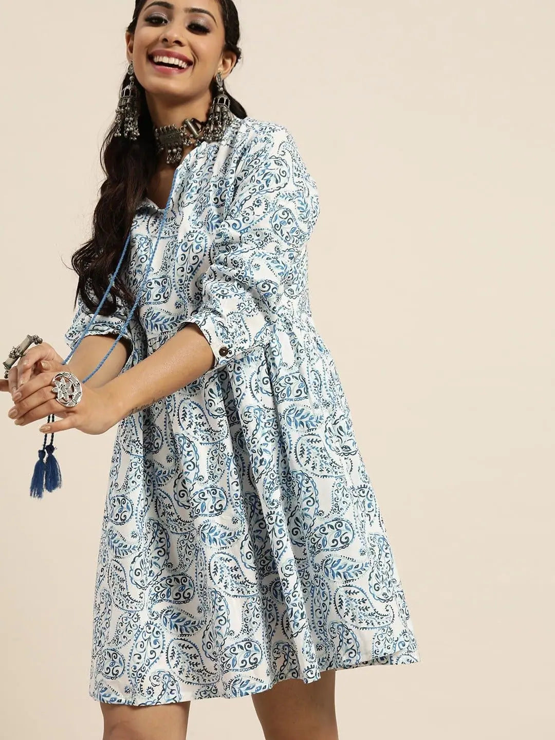 White & Blue Paisley Dress | Indian Dresses Online