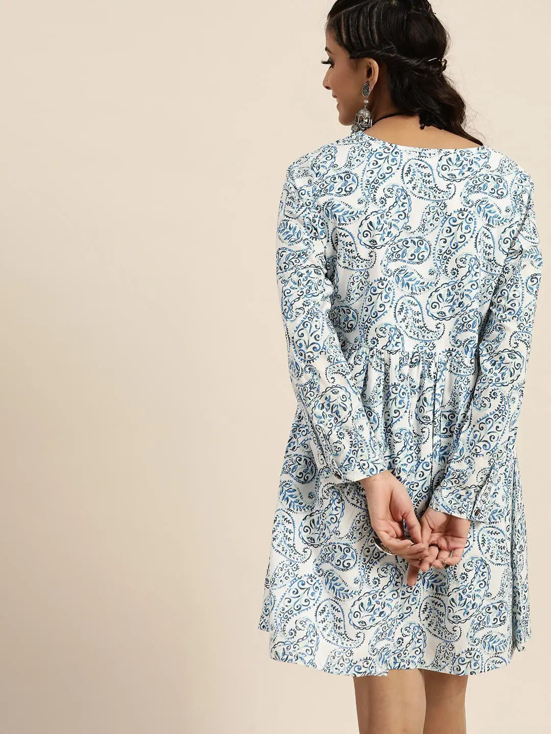 White & Blue Paisley Dress | Indian Dresses Online