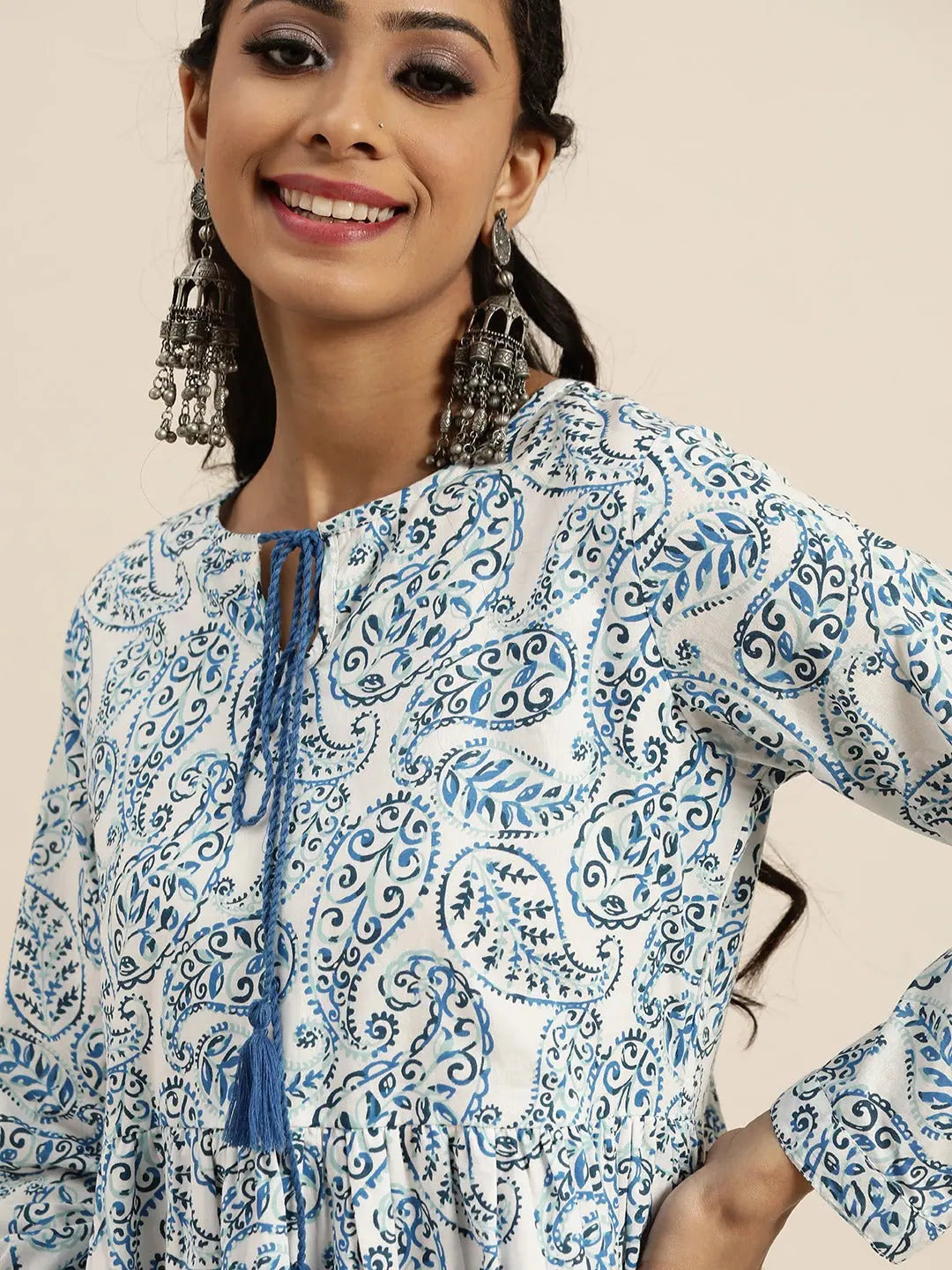 White & Blue Paisley Dress | Indian Dresses Online