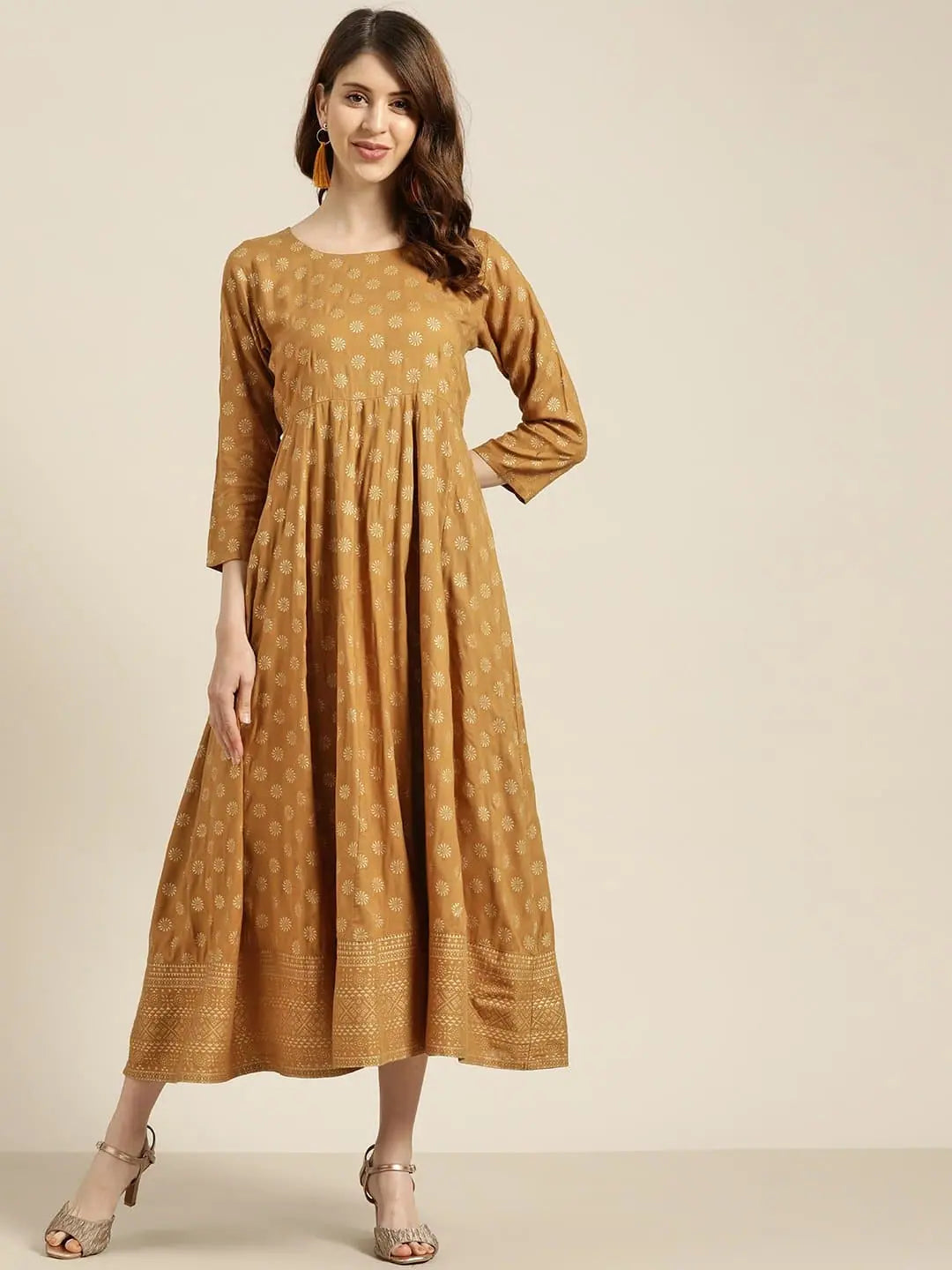 Mustard Foil Print Anarkali Dress | Rayon Anarkali Gown
