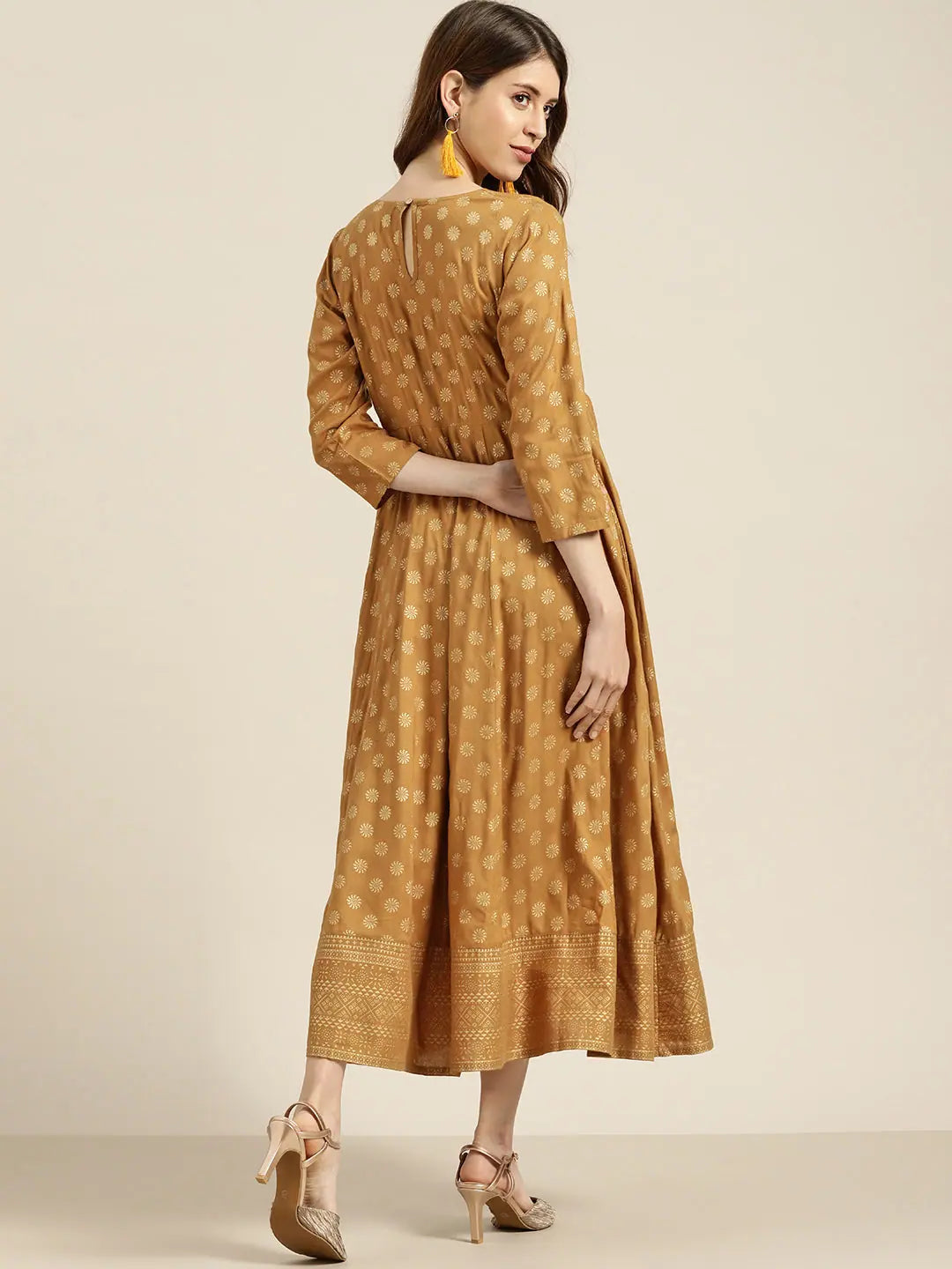 Mustard Foil Print Anarkali Dress | Rayon Anarkali Gown