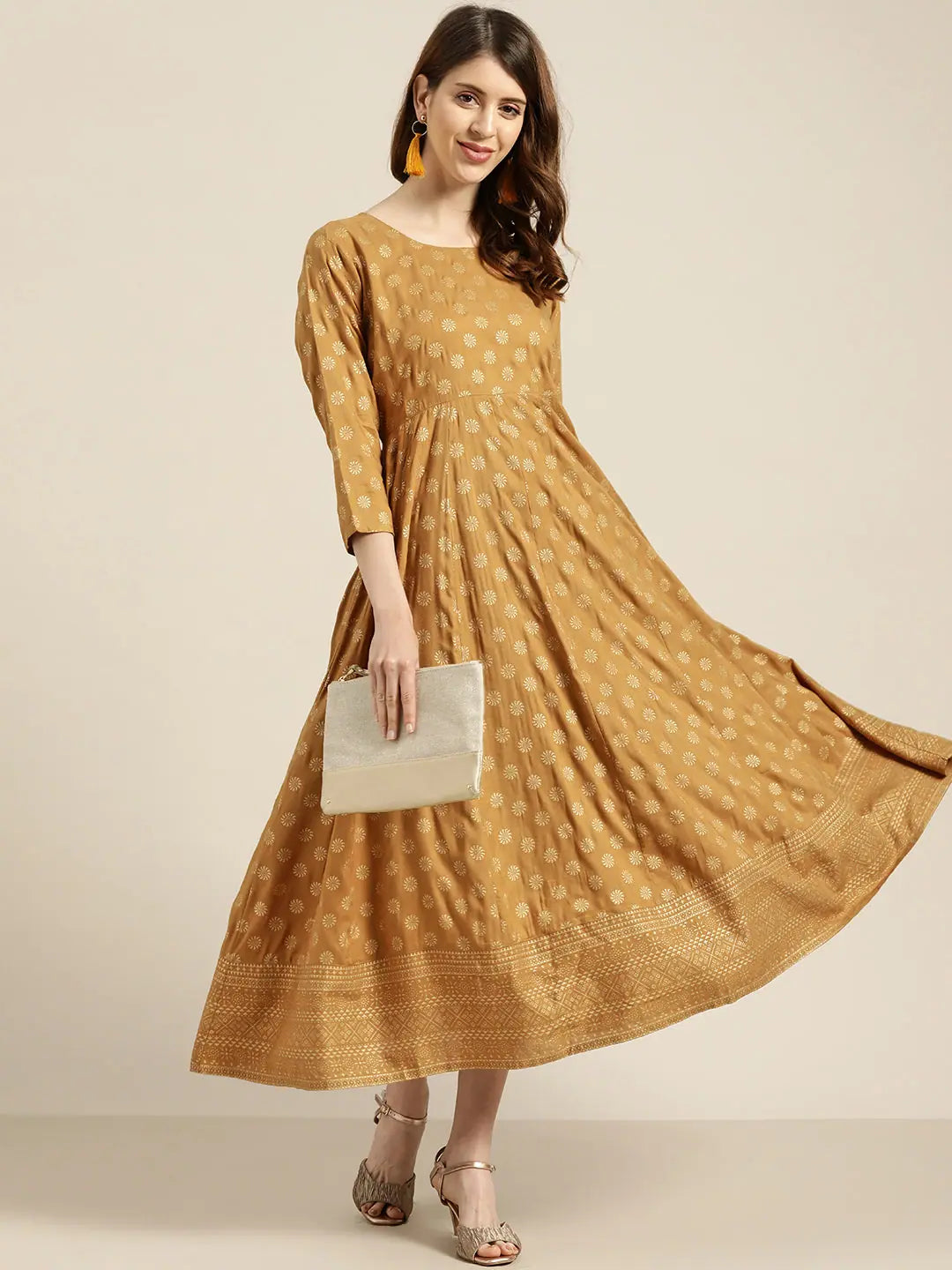 Mustard Foil Print Anarkali Dress | Rayon Anarkali Gown