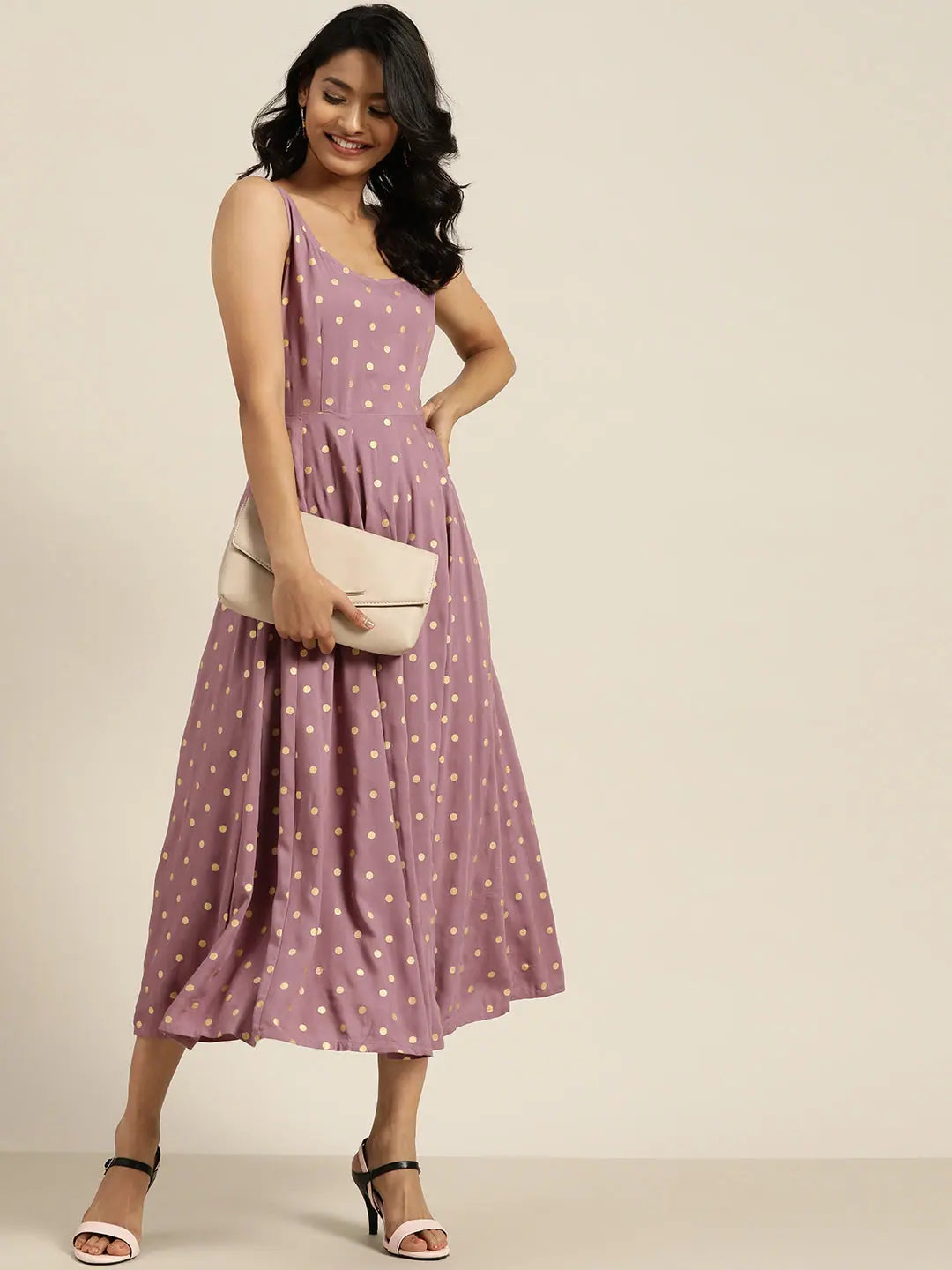 Lavender Foil Print Sleeveless Anarkali Dress for Women