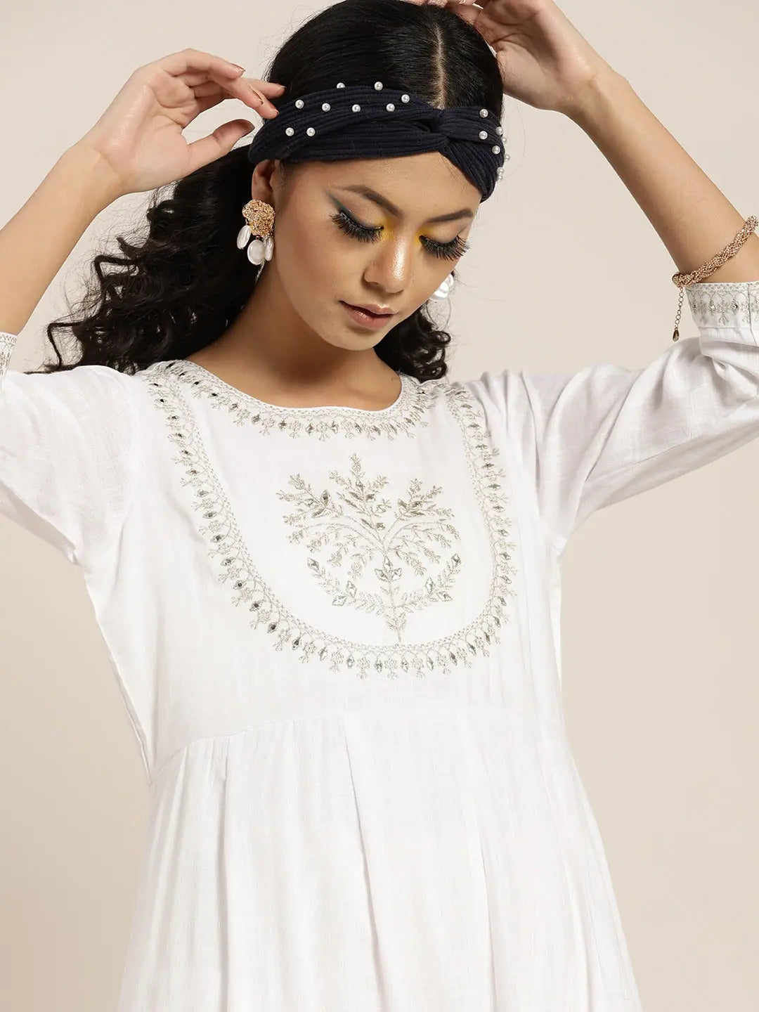 White Zari Anrakali Maxi Dress | Indian Cotton Dresses Online