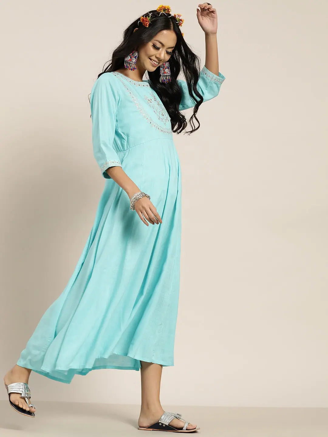 Sea Green Anarkali Maxi Dress | Zari Embroidery | Indian Dresses