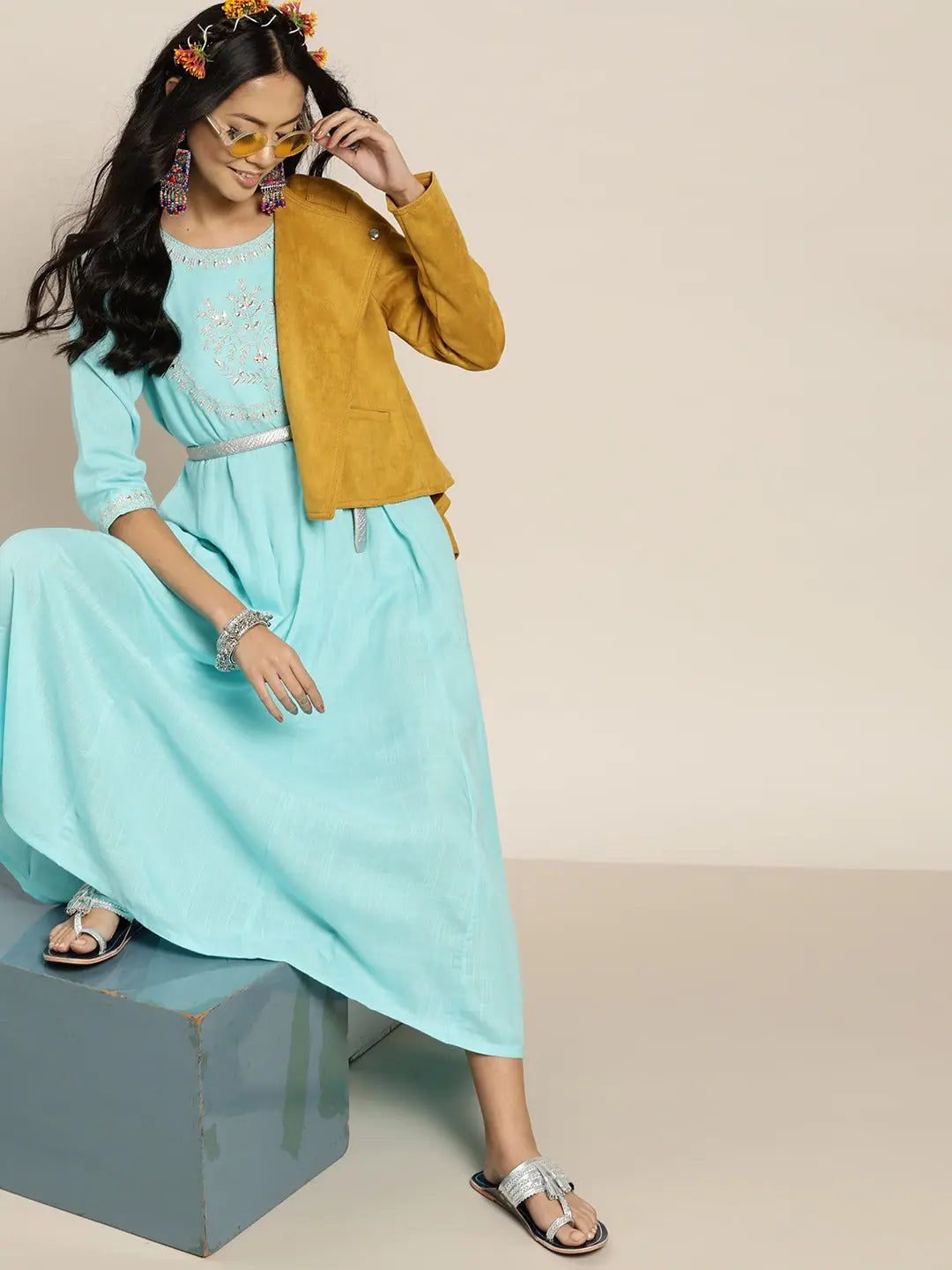 Sea Green Anarkali Maxi Dress | Zari Embroidery | Indian Dresses