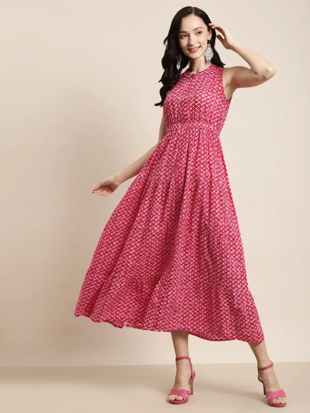 Pink Geo Print Maxi: Sleeveless Tiered Anarkali Kurta