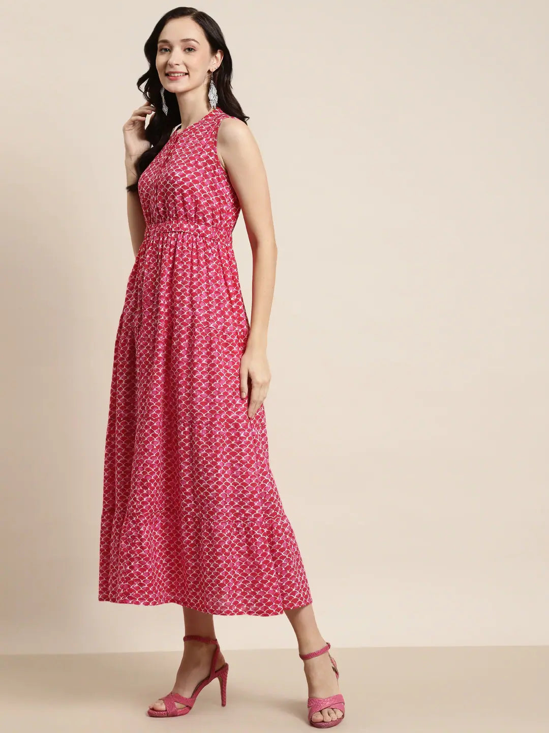 Pink Geo Print Maxi: Sleeveless Tiered Anarkali Kurta