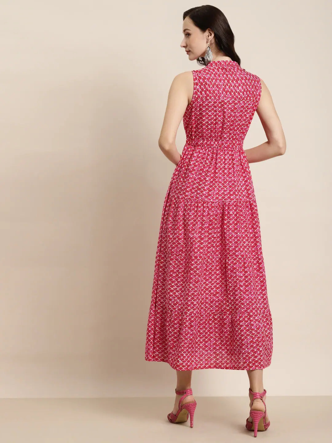 Pink Geo Print Maxi: Sleeveless Tiered Anarkali Kurta