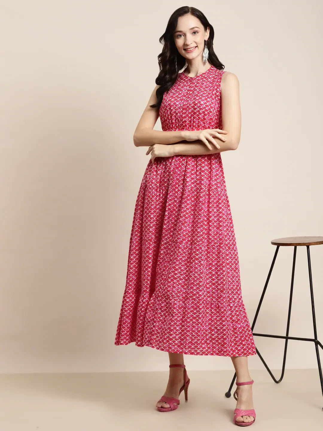 Pink Geo Print Maxi: Sleeveless Tiered Anarkali Kurta