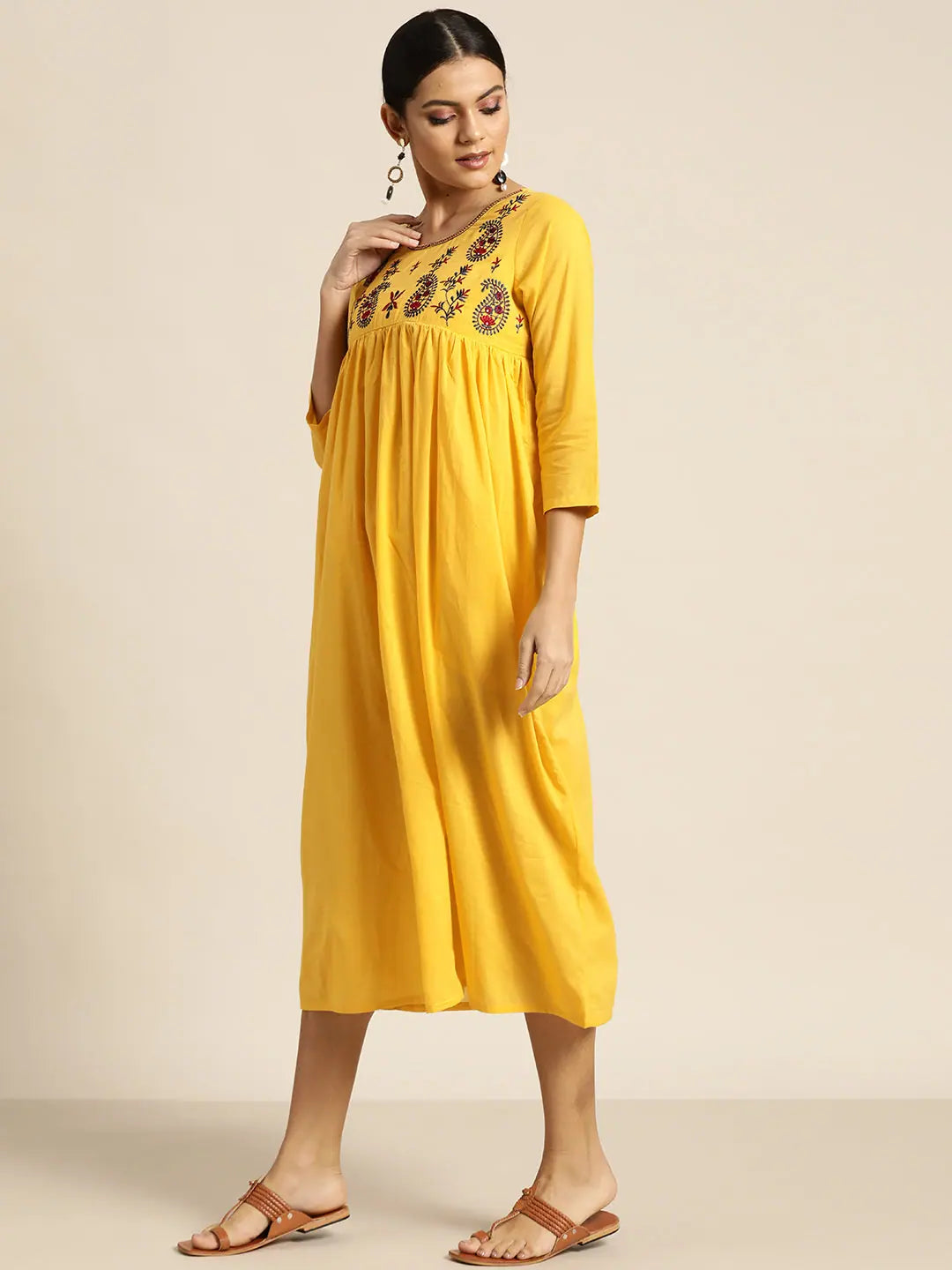 Yellow Paisley Embroidered Indian Cotton Dress Online