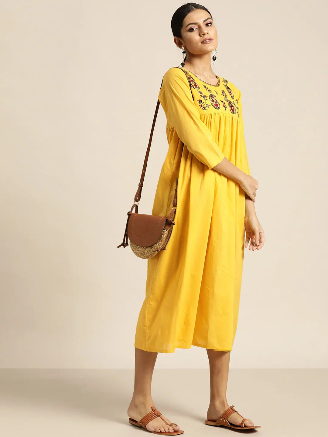 Yellow Paisley Embroidered Indian Cotton Dress Online