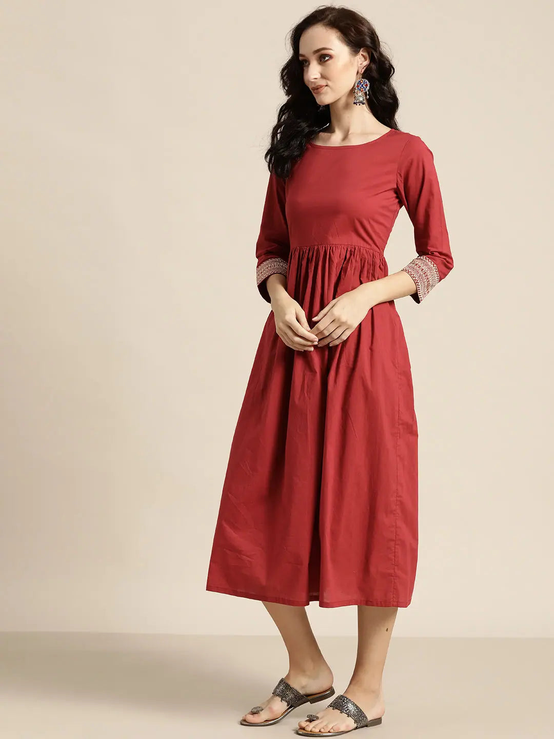 Maroon Embroidered Cuff Indian Cotton Dresses Online Now