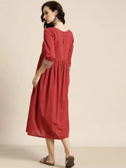 Maroon Cuff Embroidered Gathered Dress