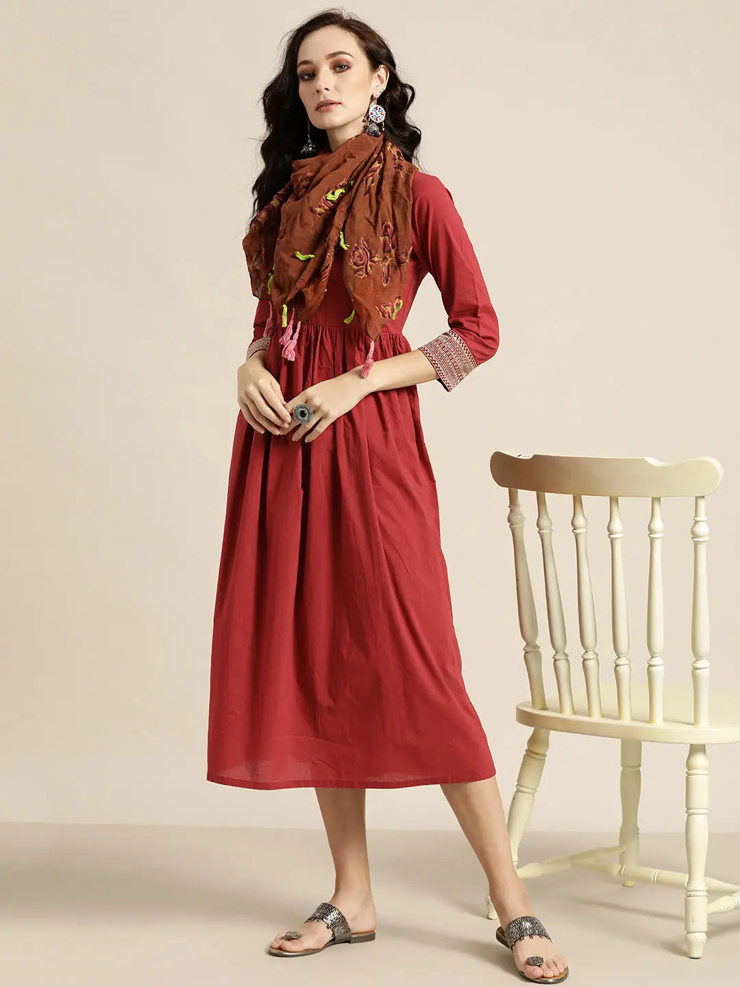 Maroon Embroidered Cuff Indian Cotton Dresses Online Now