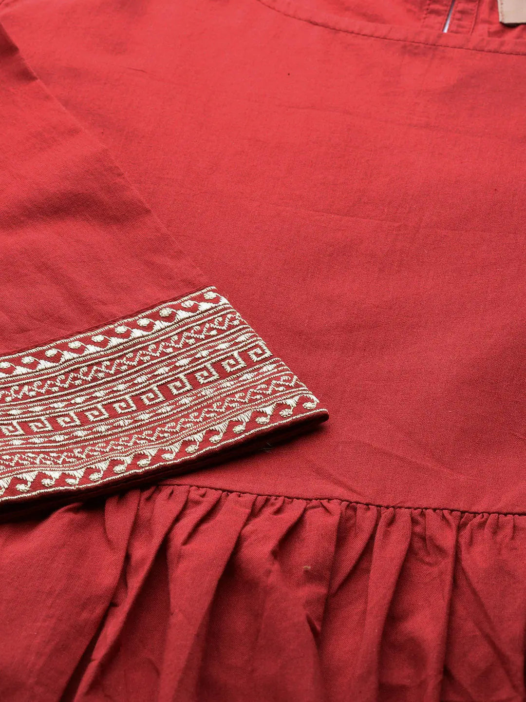 Maroon Embroidered Cuff Indian Cotton Dresses Online Now
