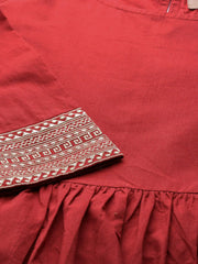 Maroon Cuff Embroidered Gathered Dress