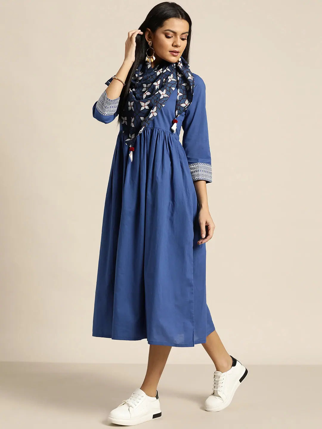 Royal Blue Embroidered Cuff Indian Cotton Dress | Online