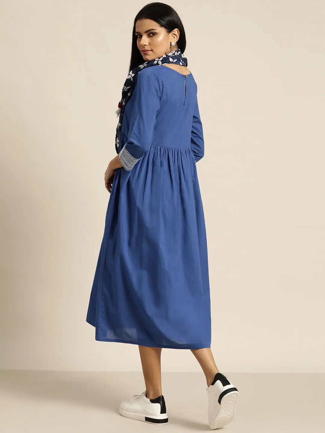 Royal Blue Embroidered Cuff Indian Cotton Dress | Online