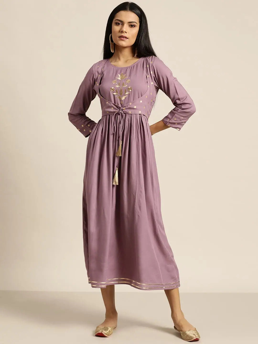 Lavender Foil Print Indian Cotton Dresses with Jacket