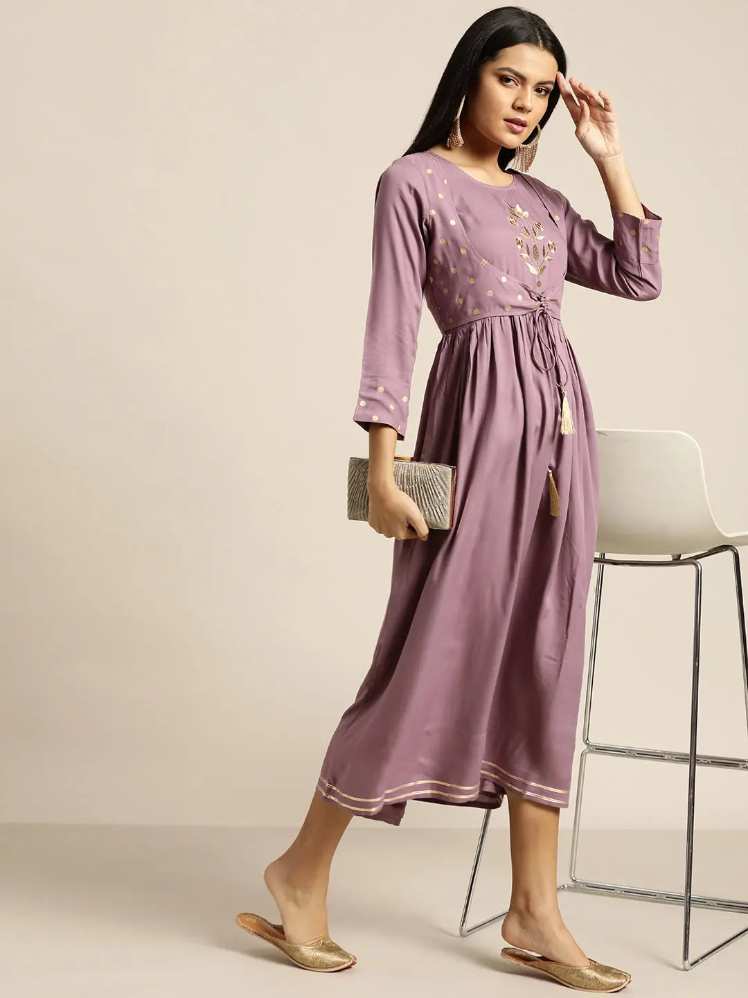 Lavender Foil Print Indian Cotton Dresses with Jacket