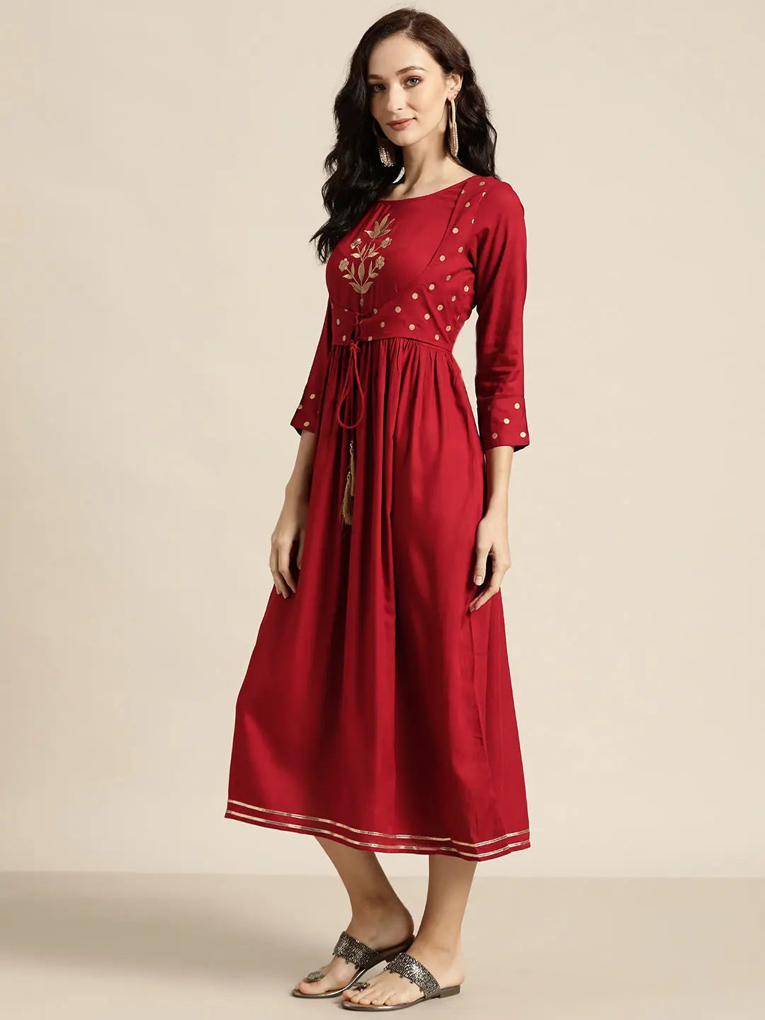 Maroon Foil Print Liva Dress & Jacket | Indian Dresses Online