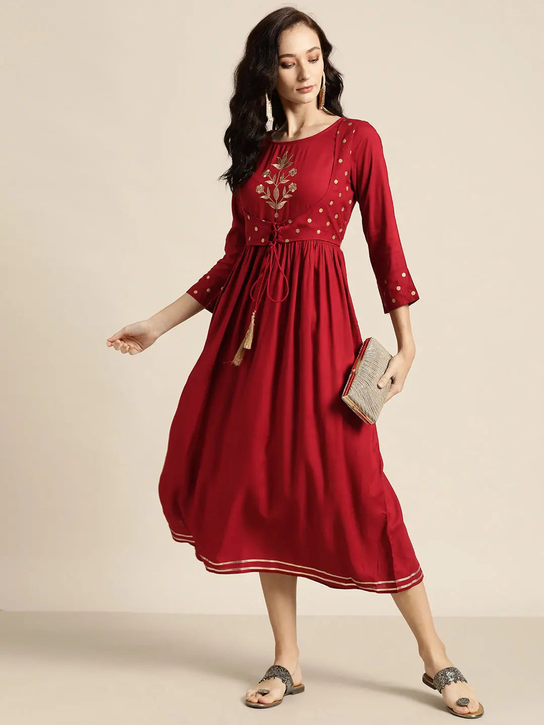 Maroon Foil Print Liva Dress & Jacket | Indian Dresses Online