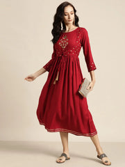 Maroon Foil Print Liva Dress With Jacket