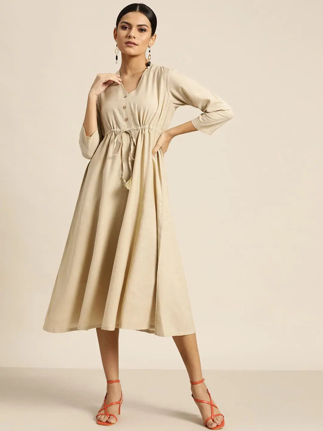 Beige Anarkali Dress - Zari Detail Anarkali Kurti for Women