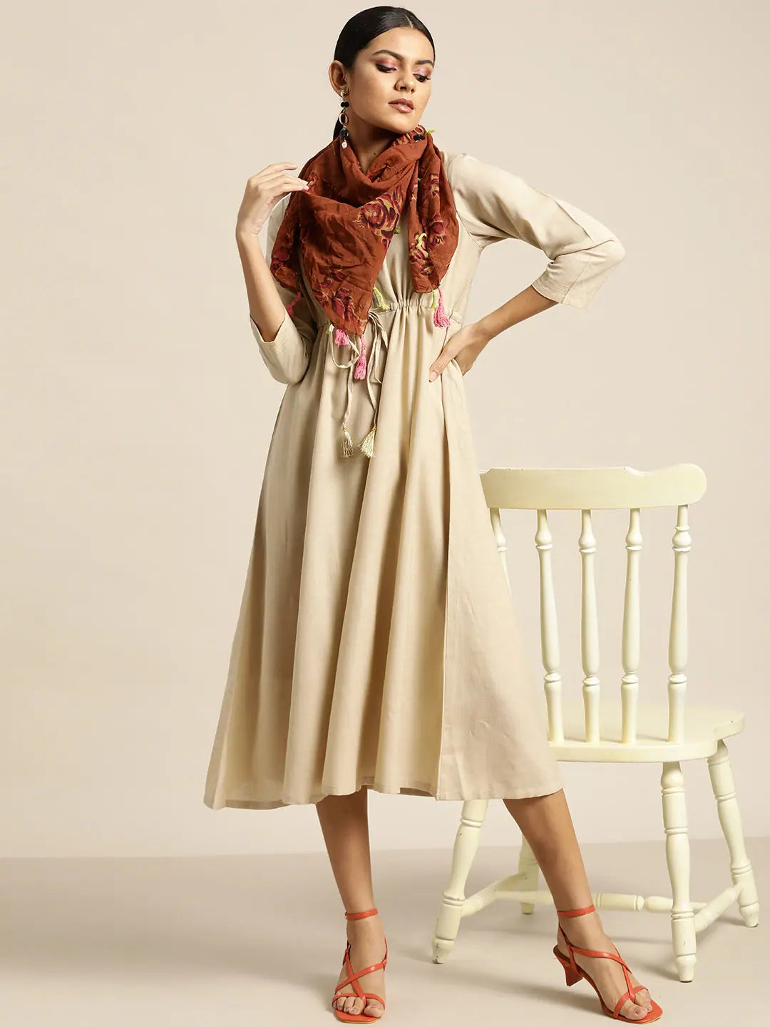 Beige Anarkali Dress - Zari Detail Anarkali Kurti for Women