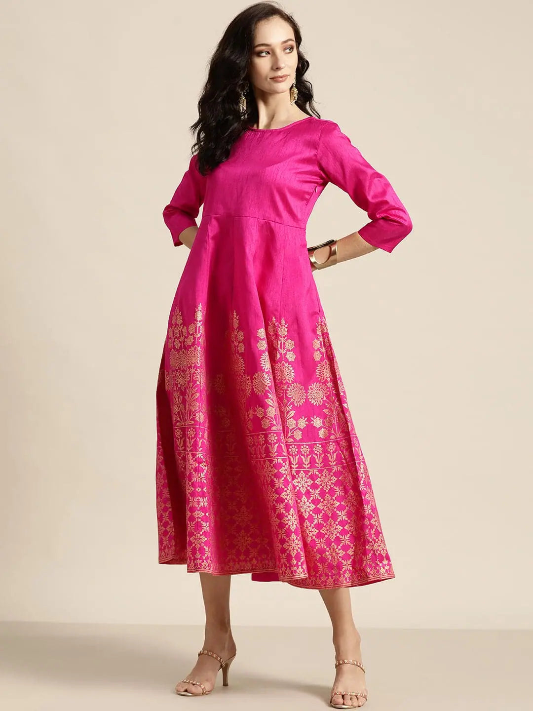 Fuchsia Foil Print Anarkali Maxi Dress | Anarkali Kurtis