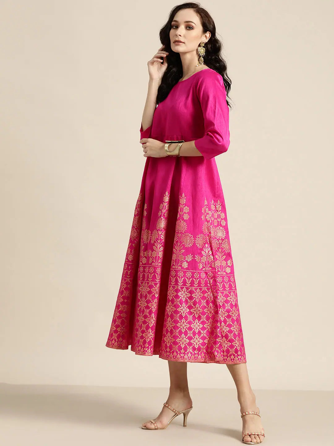 Fuchsia Foil Print Anarkali Maxi Dress | Anarkali Kurtis