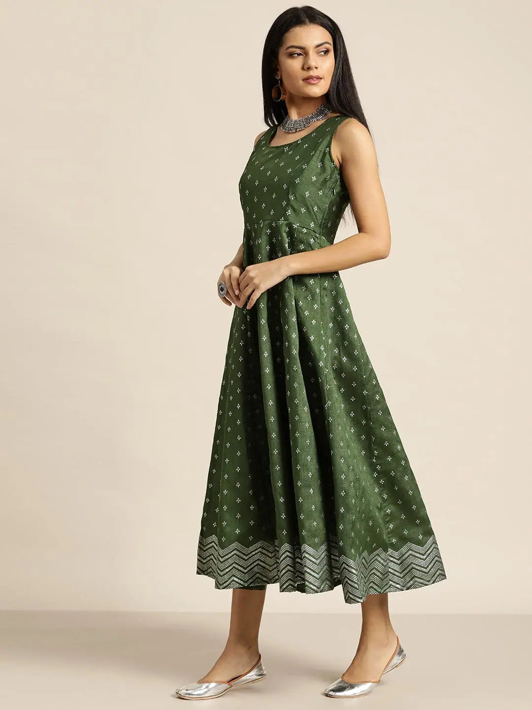 Green Foil Print Anarkali Maxi Dress | Women's Anarkali Gown