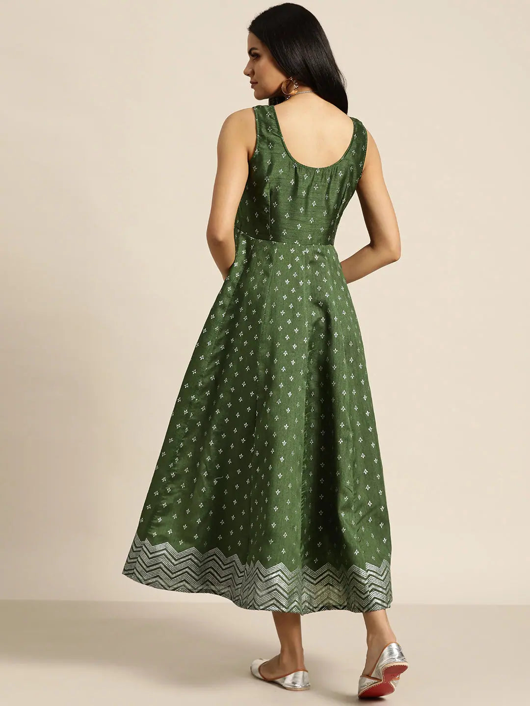 Green Foil Print Anarkali Maxi Dress | Women's Anarkali Gown