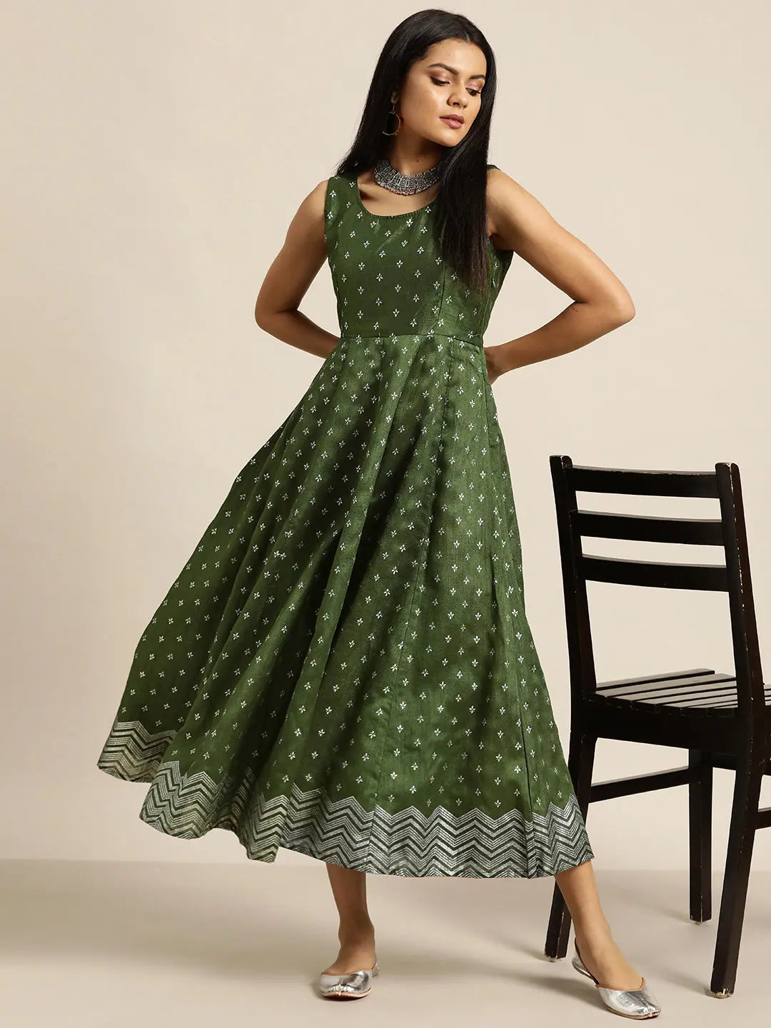 Green Foil Print Anarkali Maxi Dress | Women's Anarkali Gown