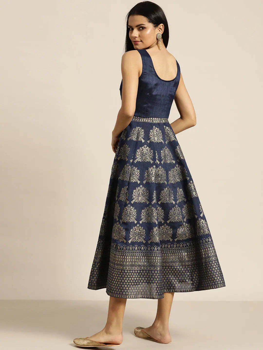 Navy Foil Print Sleeveless Anarkali Maxi Dress | Anarkali Suits
