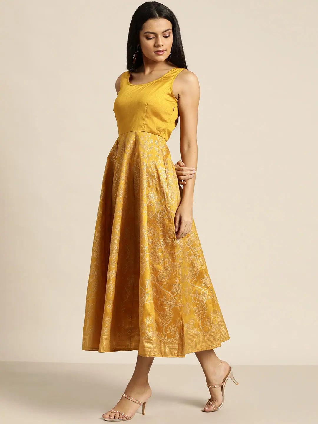 Mustard Foil Print Sleeveless Anarkali Dress | Anarkali Kurti