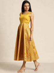 Mustard Foil Print Sleeveless Anarkali Maxi Dress
